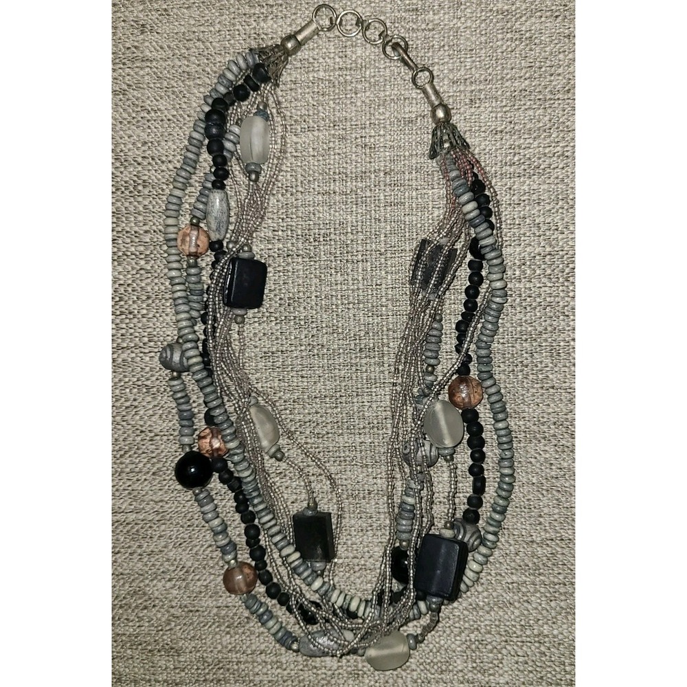 Retro Chunky Glass Wood Beads 18" Black Gray Opalescent Multi Strand Necklace